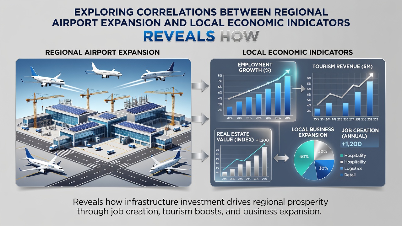 Economic data charts and maps displaying correlations between airport growth and local employment and revenue indicators
