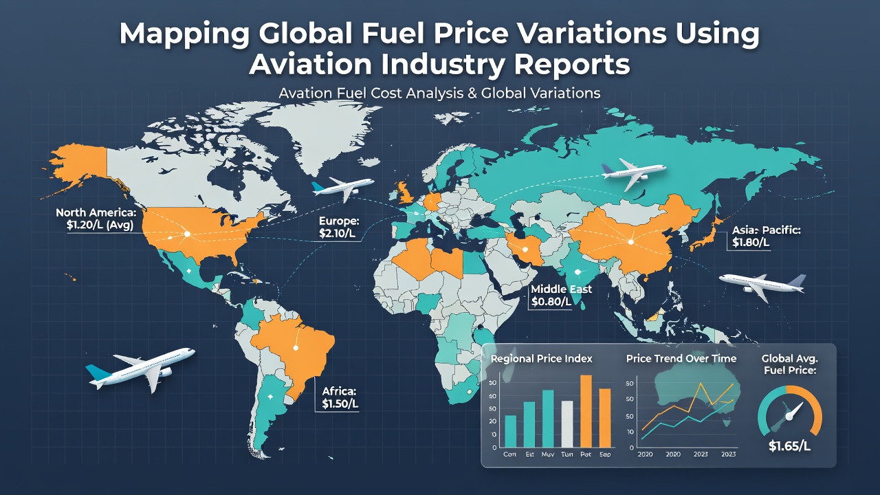 Aviation analysts reviewing digital maps of jet fuel price trends generated from industry reports